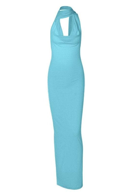 Halter Cowl Neck Ribbed Knit Wrap Neck Detail Bodycon Maxi Dress