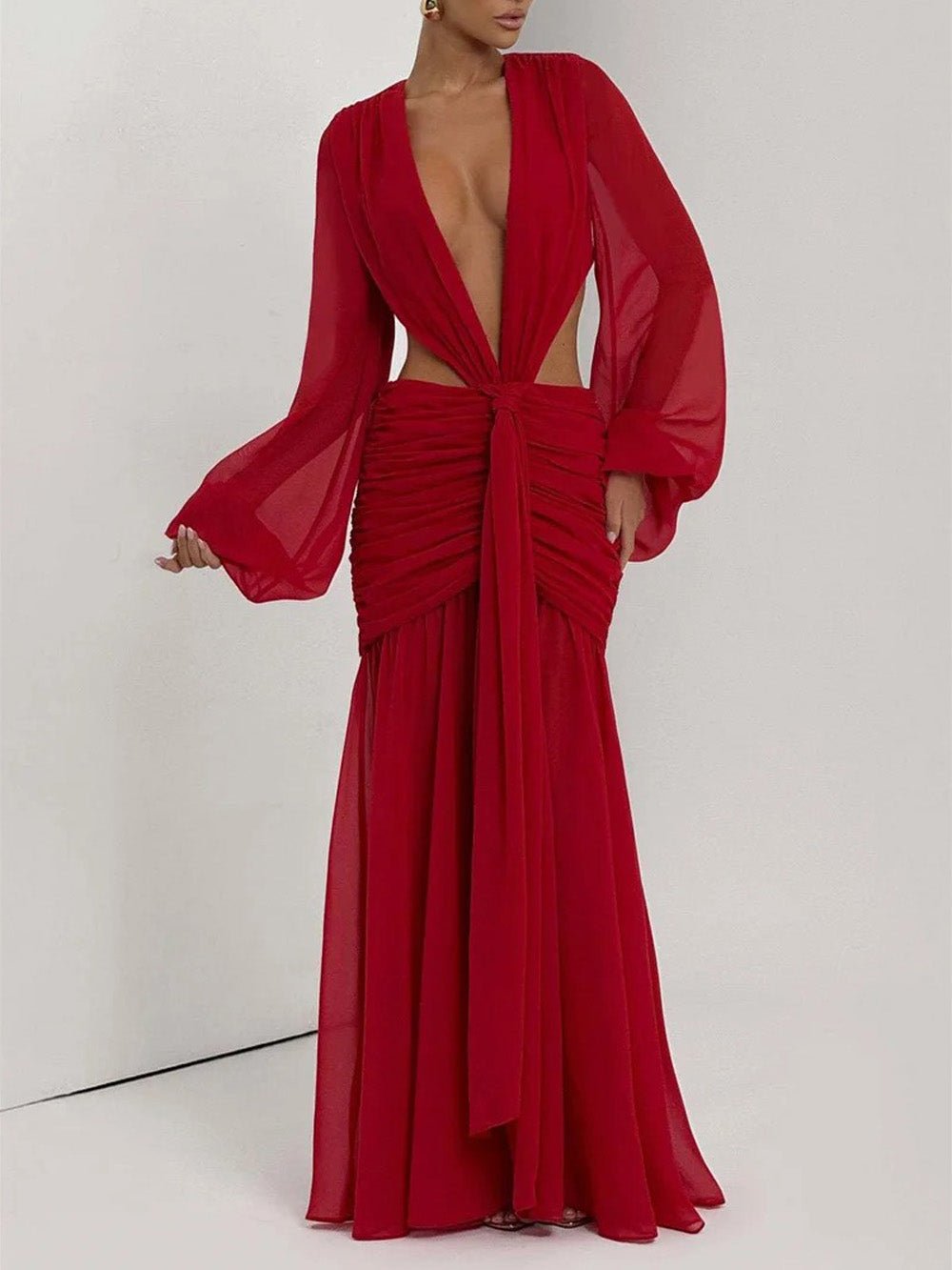 Deep V-Neck Balloon Sleeve Waist Cutout Knot Front Ruched Maxi Gown