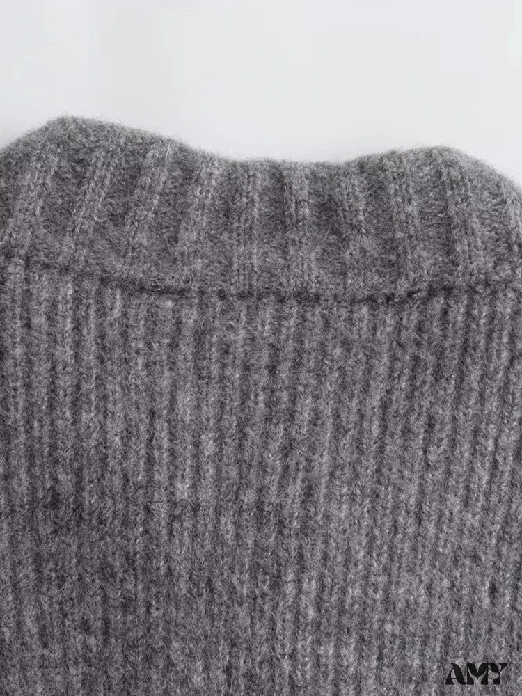 Knit Grey Zipper O-neck Long Sleeve Autumn Winter High Street Sweater