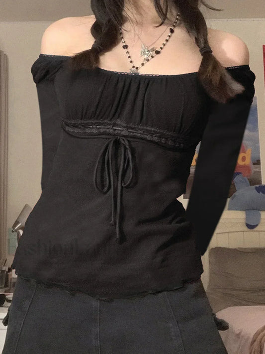 Lace Trim Tie Front Long Sleeve Blouse