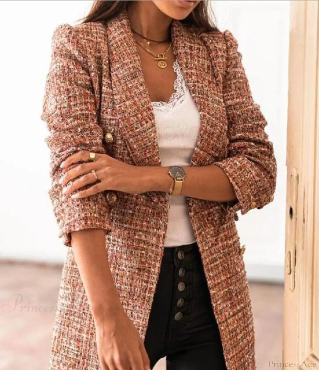 Lady Elegant Double-breasted Check Slim Long-sleeved Blazer
