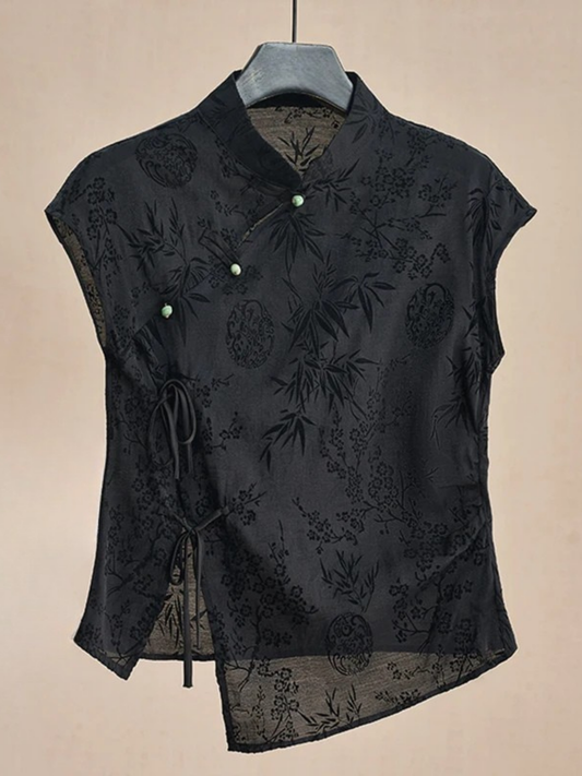 Black Mandarin Collar Jacquard Blouse