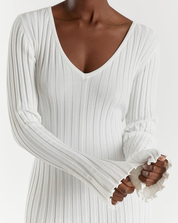 Rib Knit Deep V-Neck Long Sleeve Ruffle Cuff Trumpet Hem Maxi Dress