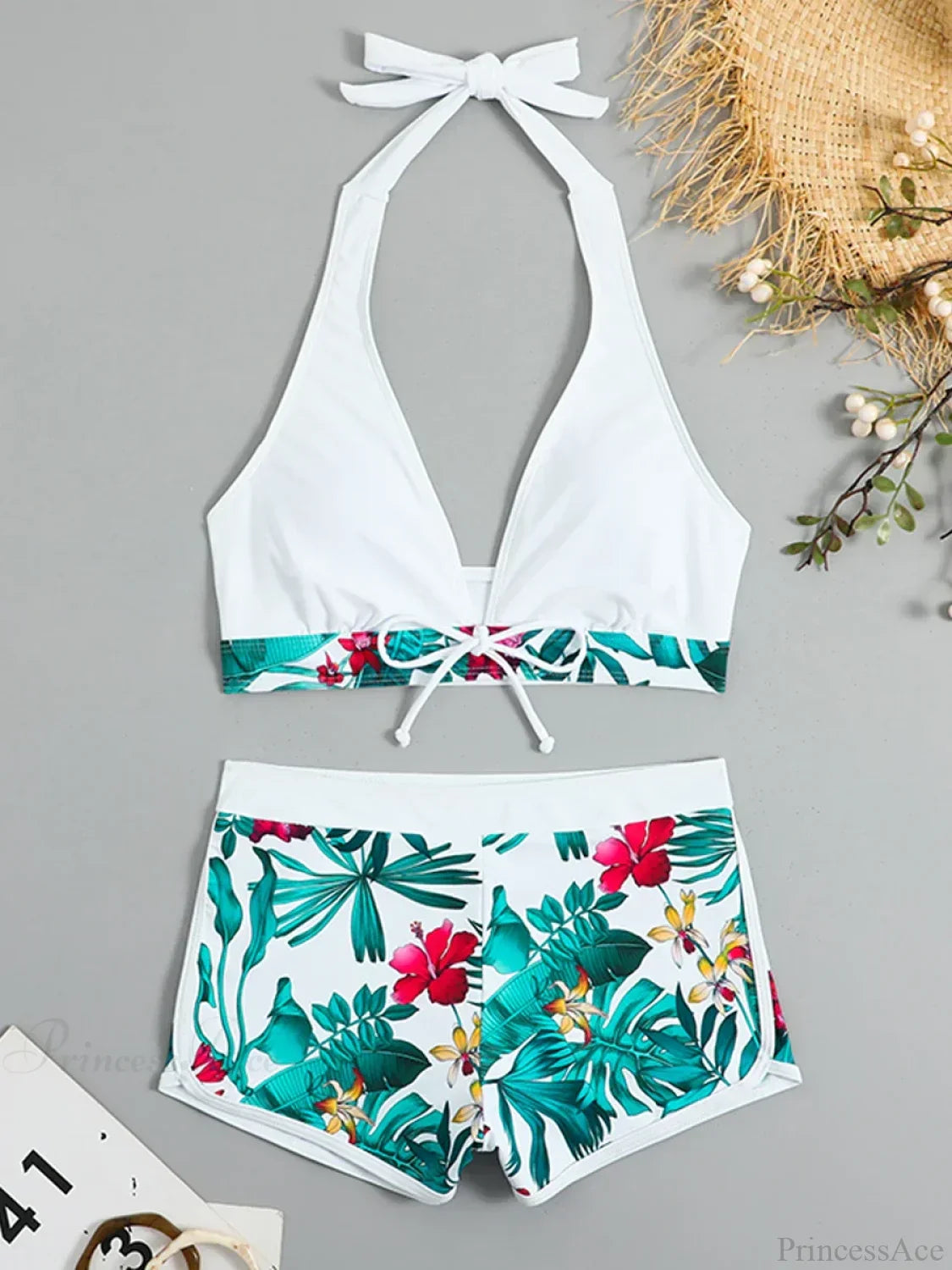 Leaf Print Knot Front Halter Two Piece Set