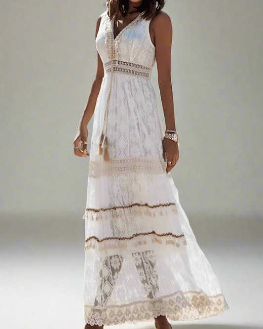 Lace V-Neck Sleeveless Tiered Boho Maxi Dress