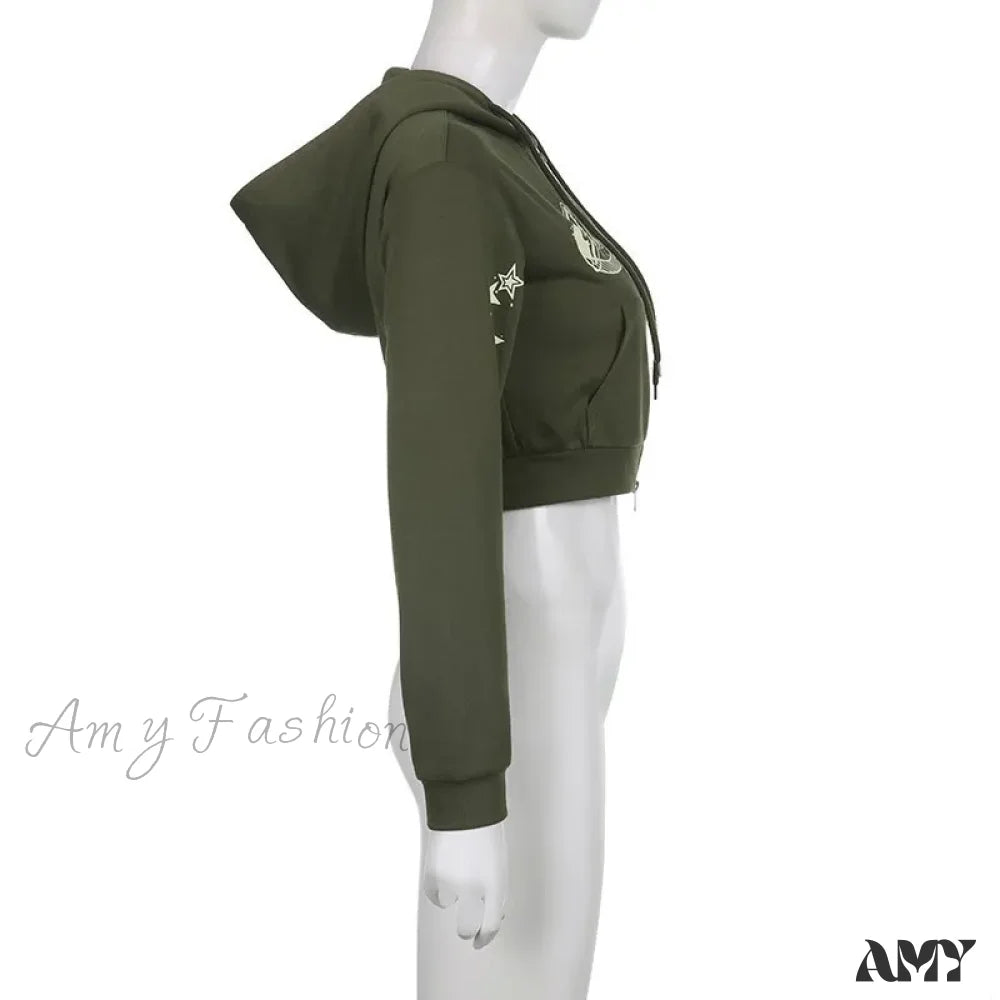 Letter Star Print Punk Retro Green Zipper Long Sleeve Hoodie