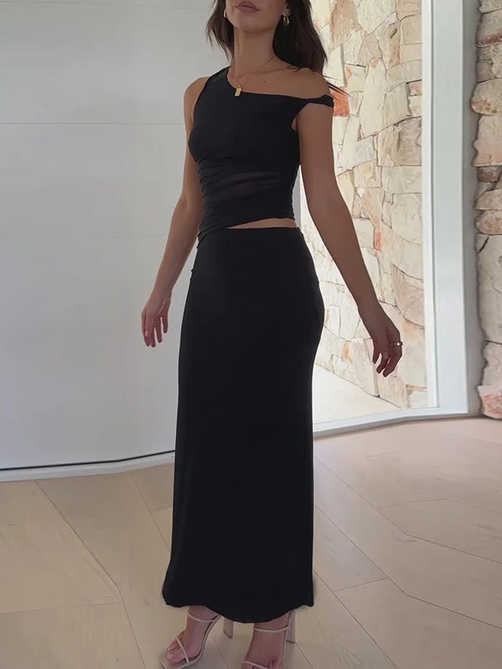 Ruched One-Shoulder Crop Top High Waist Bodycon Maxi Skirt Two Piece Set