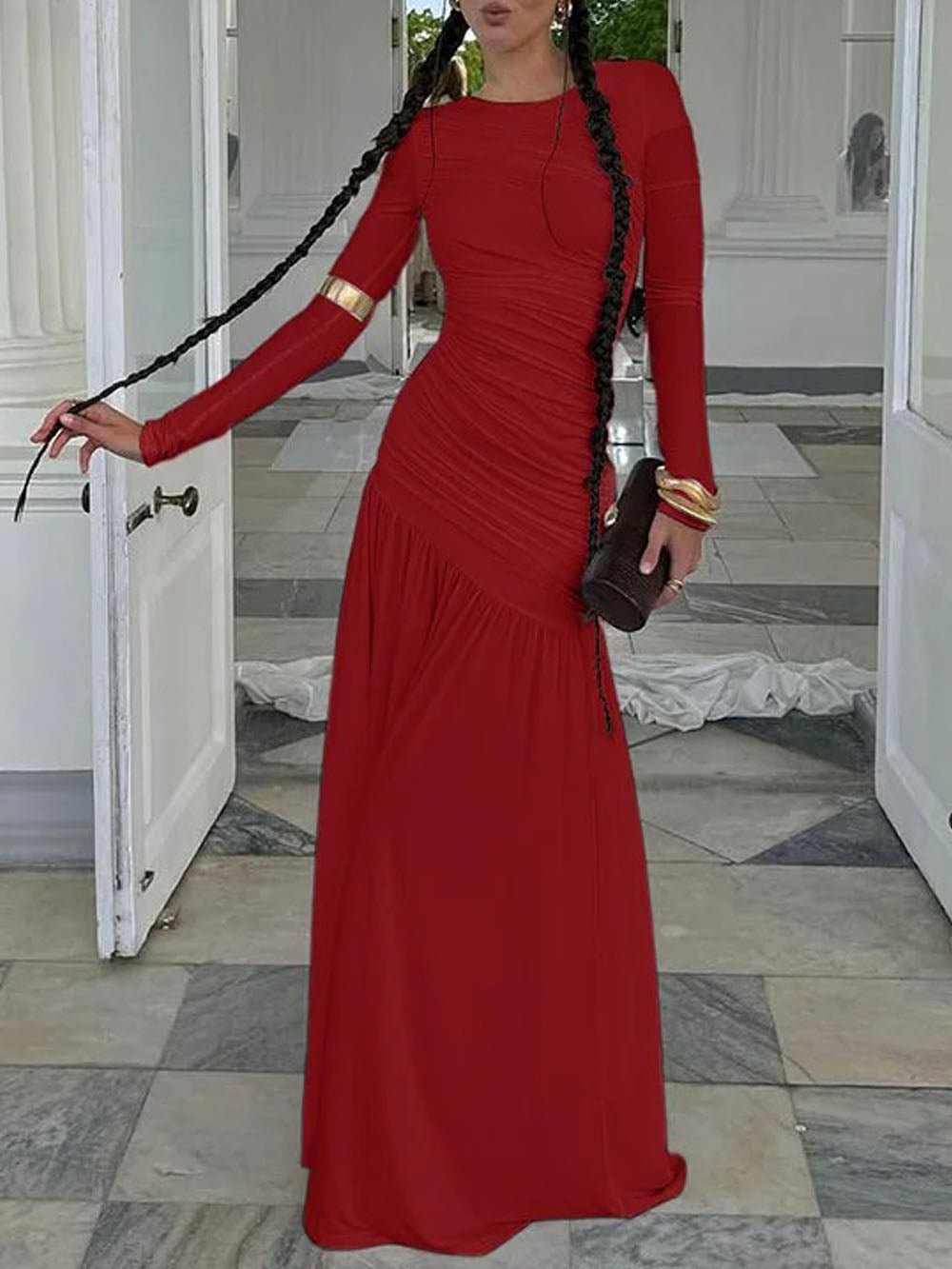 Long Sleeve Ruched Drop Waist Diagonal Seam Pleated Maxi Dress
