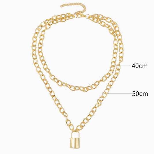Gold Layered Chain-Link Necklace with Modern Lock Pendant