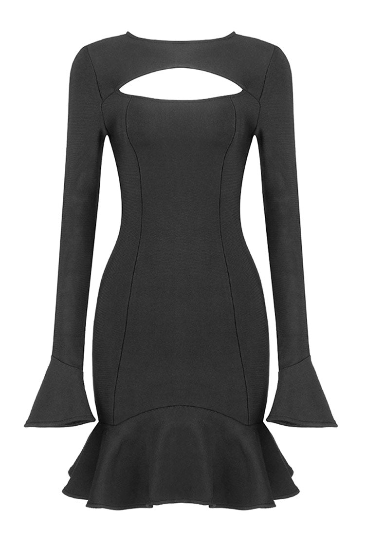 Long Sleeve Chest Cutout Bell Cuff Ruffle Hem Bandage Mini Dress