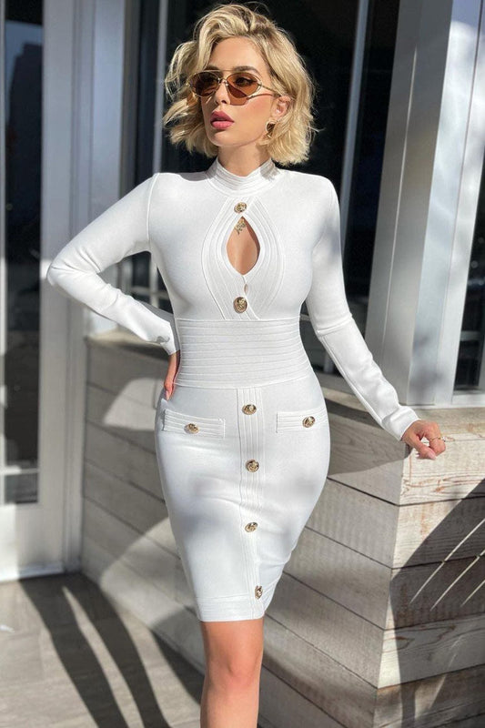 Mock Neck Keyhole Metal Button Ribbed Bandage Knit Midi Dress