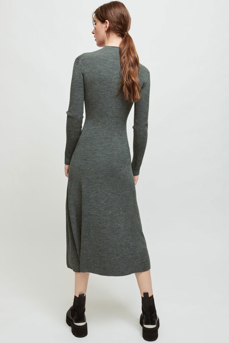 Rib Knit Mock Neck Long Sleeve Ring-Detail High Slit Midi Dress