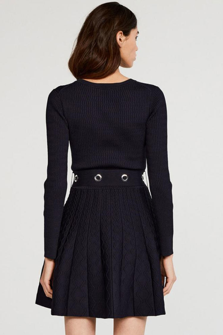 Rib Knit Grommet Belt Fit-and-Flare Pointelle Mini Dress