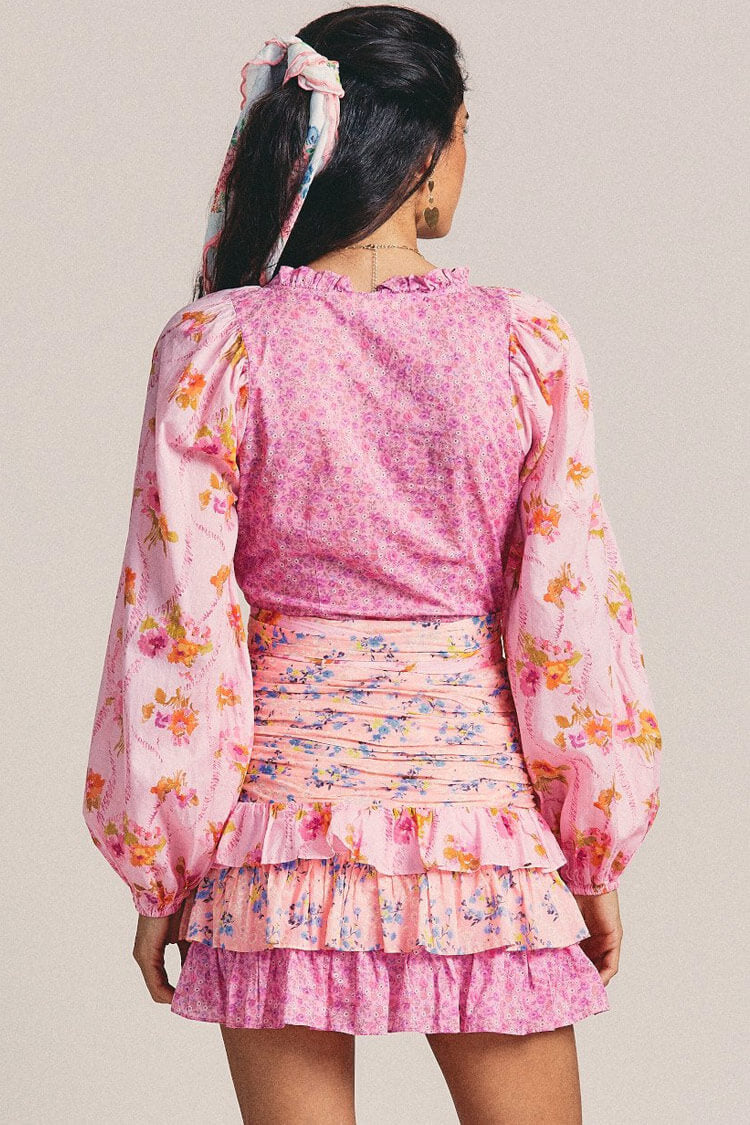 Mixed Floral Print Bishop Sleeve Deep V-Neck Smocked Tiered Ruffle Mini Skirt Set