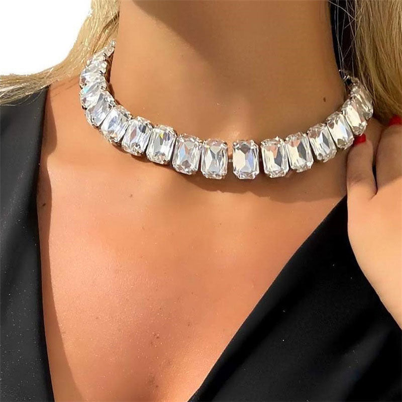 Emerald Cut Crystal Silver Plated Tennis Necklace - White