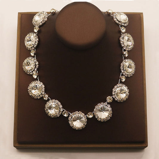 Luxury Gemstone Crystal Round Cut Collar Necklace - Silver