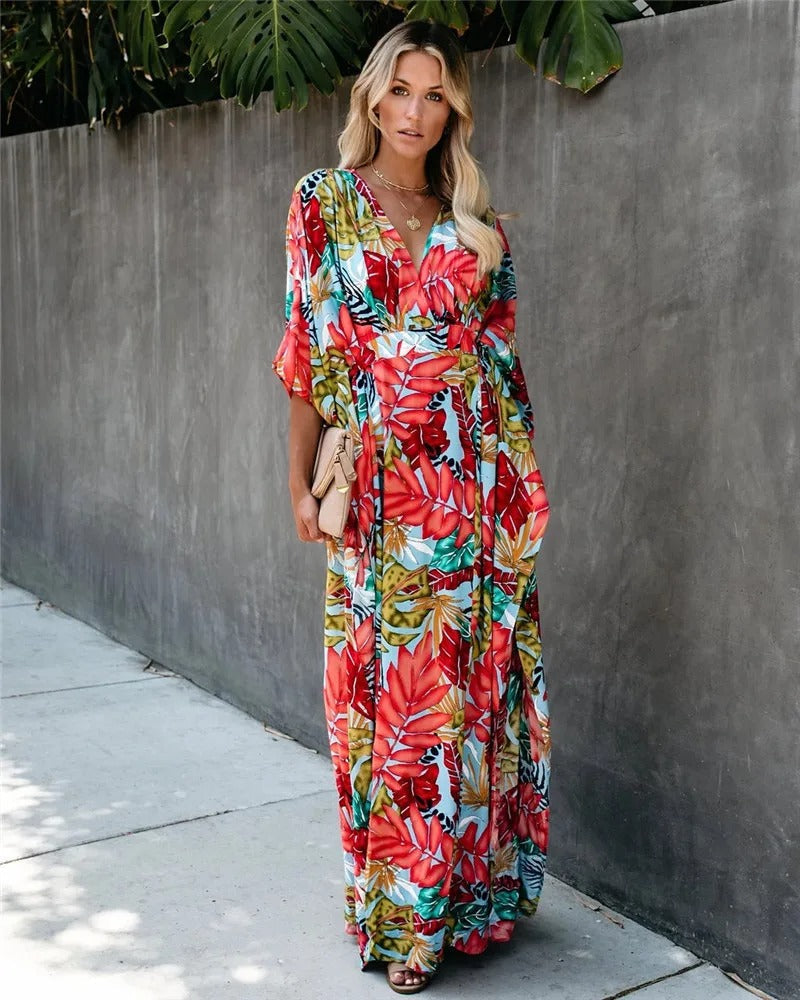 Tropical Leaf Print Deep V-Neck Flutter Sleeve Kimono Maxi Dress