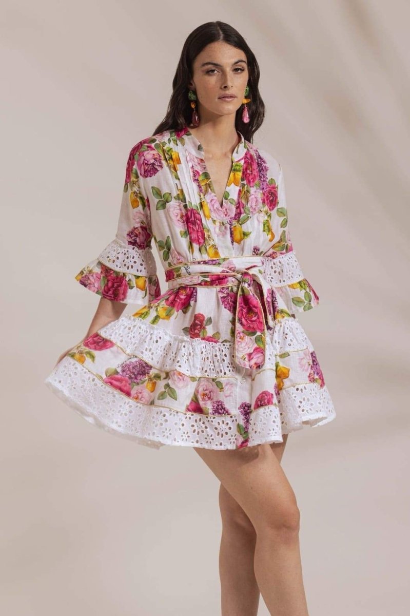 Floral Fruit Print Stand Collar Pleated Eyelet Cuff Mini Dress