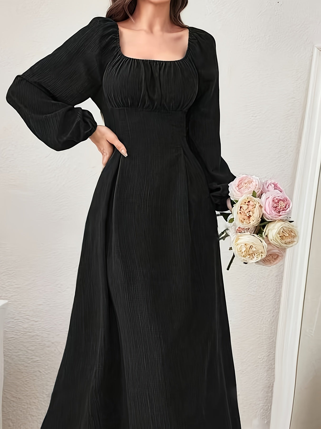 Square Neck Ruched Bust Wide Waistband Bishop Sleeve Crinkle Texture Midi Dress