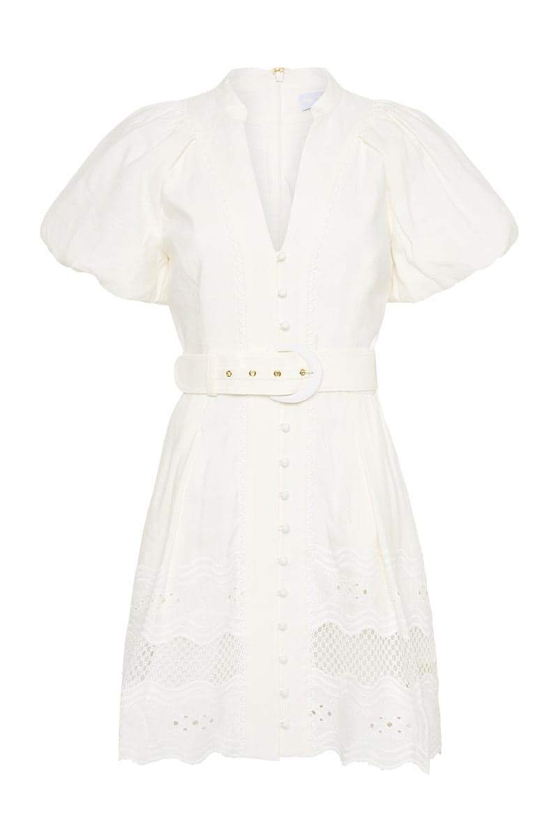 Mandarin Collar Puff Sleeve Button Front Eyelet Embroidered Belted Mini Dress
