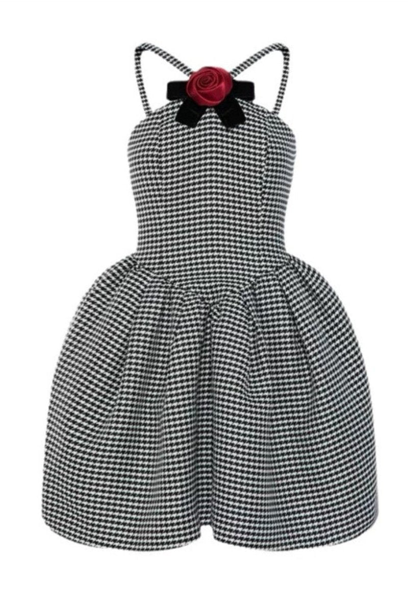 Houndstooth Halter Neck Applique Bow Trim Flared Mini Dress