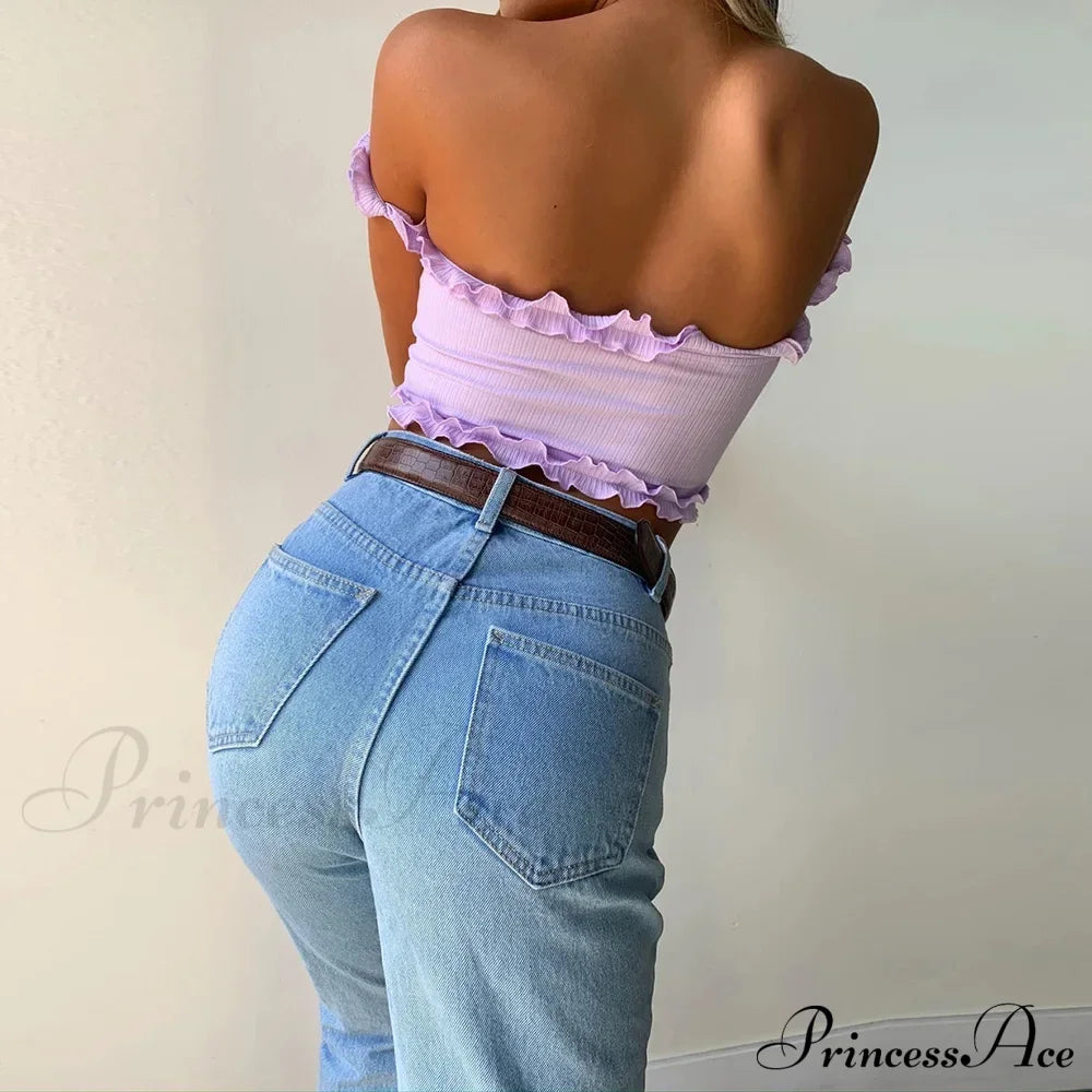 New Cute Purple Off Shouler Crop Ruffles t shirtTube For Women Summer Clothes Tank top