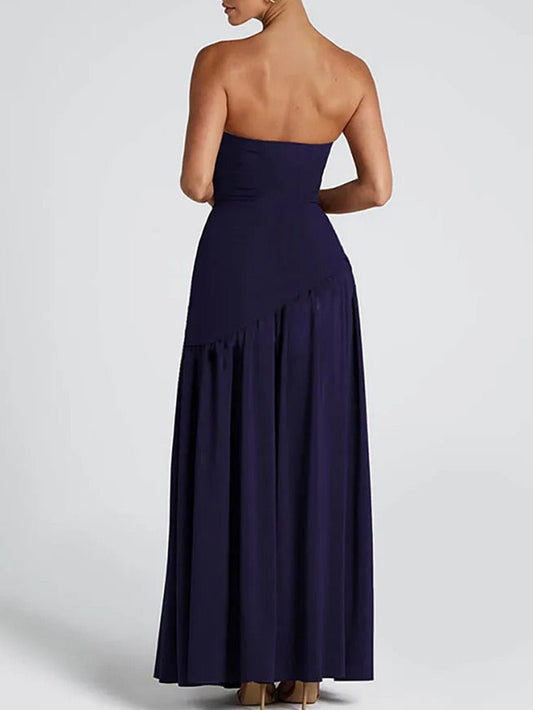 Strapless Choker Neck Asymmetric Dropped Waist Pleated High Slit Maxi Gown