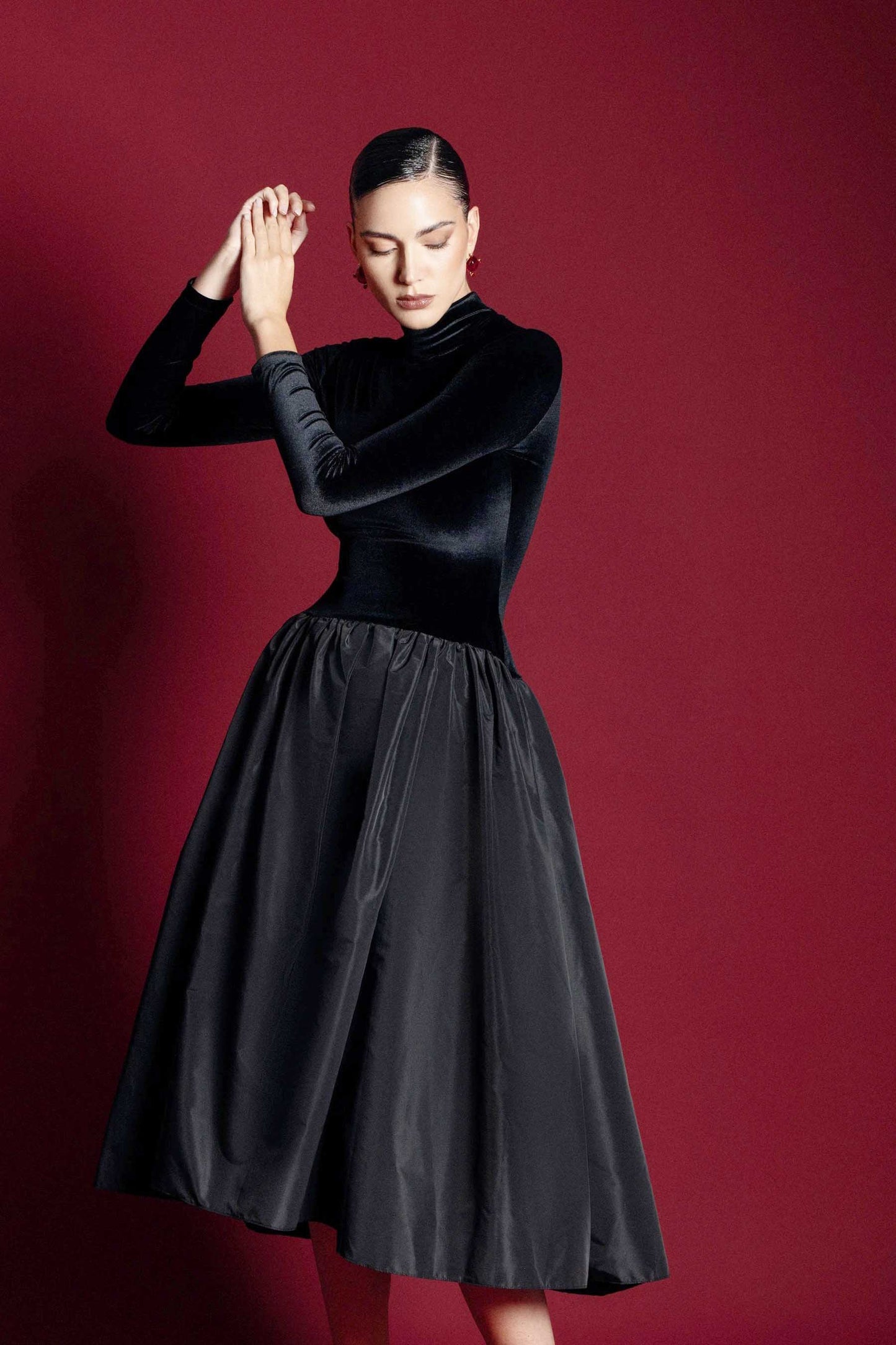 Velvet Turtleneck Long Sleeve Gathered Full Skirt Midi Dress