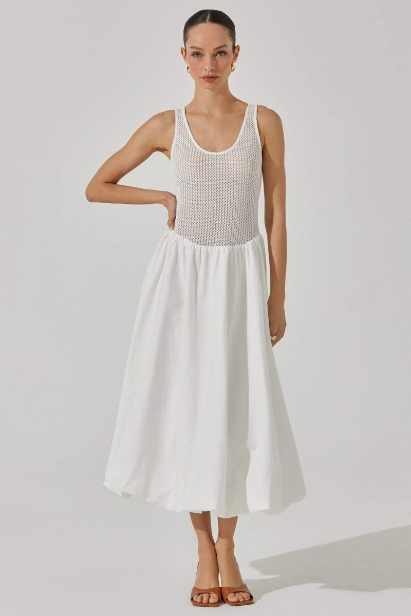 Knit Crochet Bodice Gathered Skirt Scoop Neck Sleeveless Midi Dress