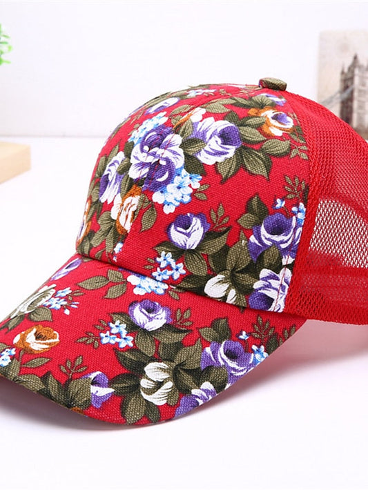 Breathable Trucker Hat Baseball Cap Sun Shade Fashion Ladies Sunscreen Floral Mesh Peaked Caps Flower Hat Sun Hat Casual Wild for Women