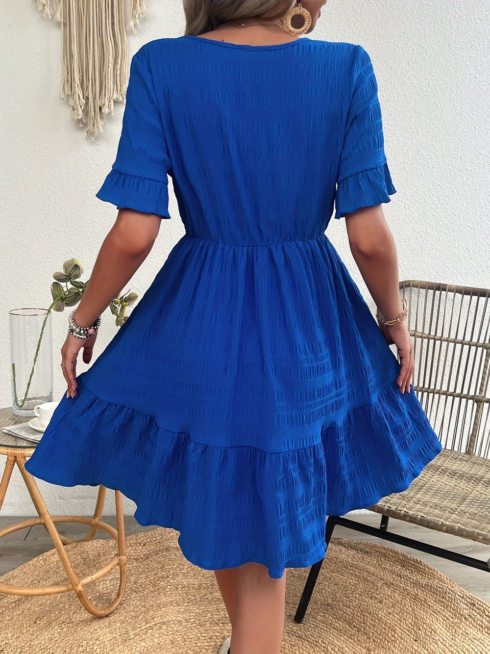 Textured Flutter Sleeve Tiered Ruffle Hem Fit and Flare Mini Dress