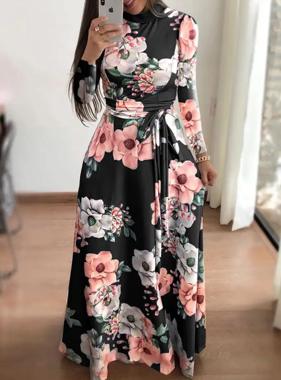 Mock Neck Floral Print Tie Waist Long Sleeve Maxi Dress