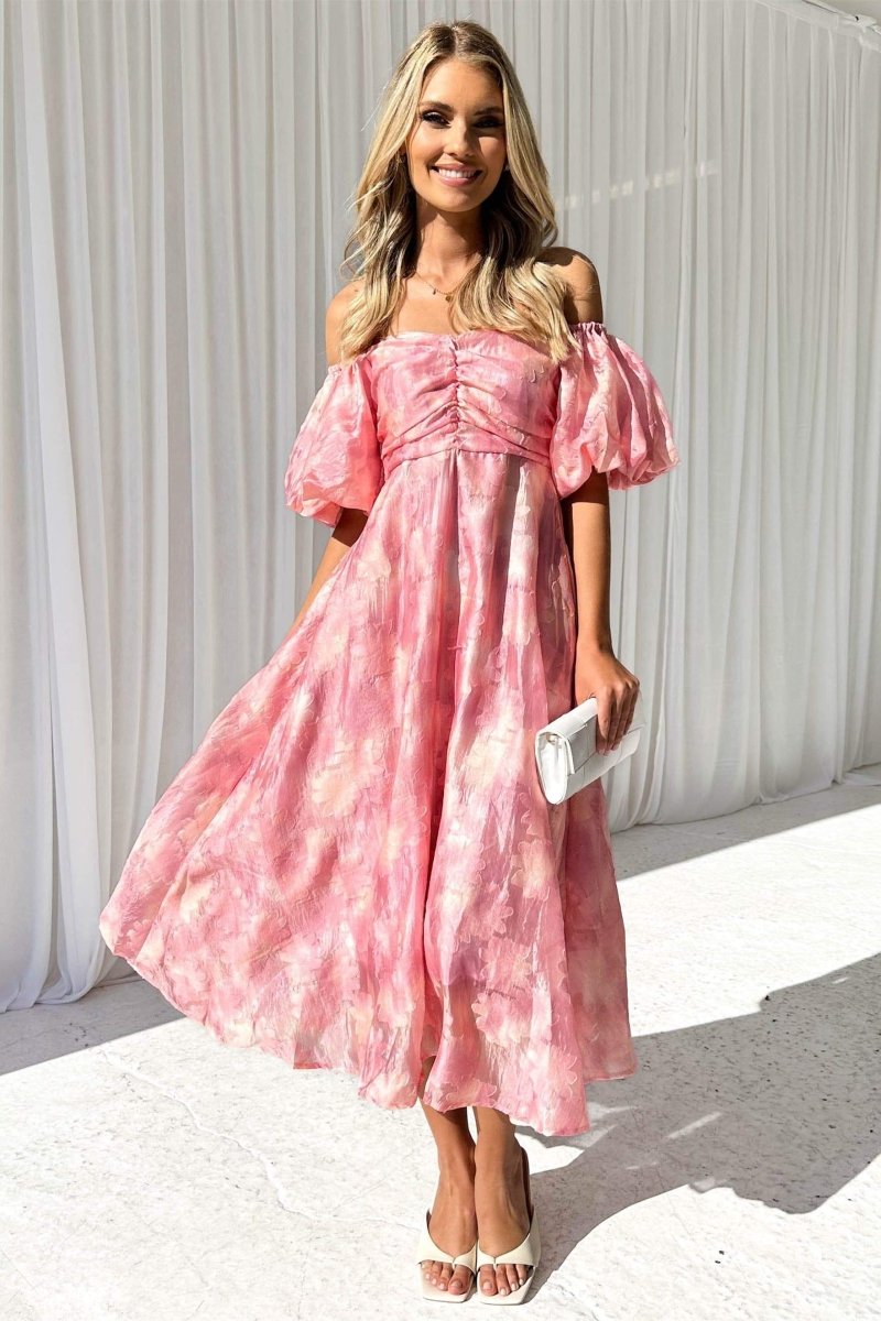 Off Shoulder Puff Sleeve Ruched Bust Floral Jacquard A-Line Midi Dress