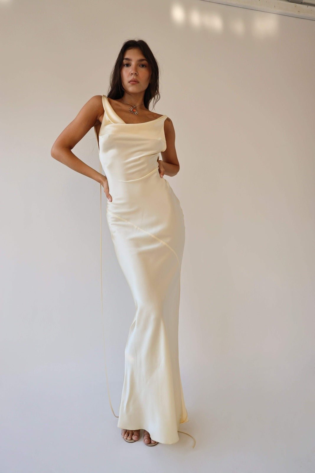 Satin Cowl Neck Off-Shoulder Draped Hip Bodycon Maxi Dress