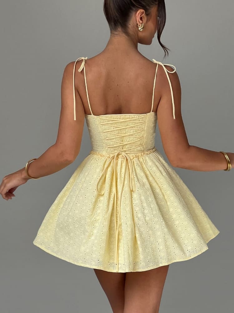Eyelet Corset Bodice Tie Shoulder Sweetheart Bow Ruffled Skater Mini Dress