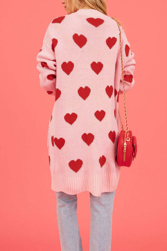 Heart Open Front Pocket Long Cardigan