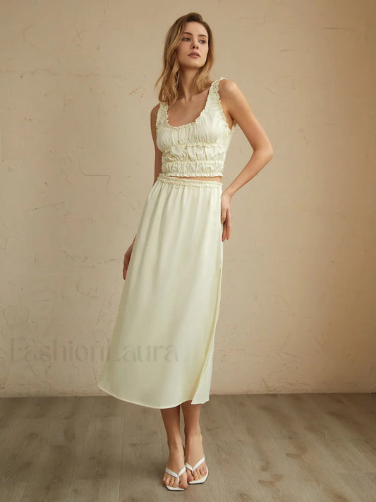 Pleated Lettuce Trim Trendy Split Midi Skirt