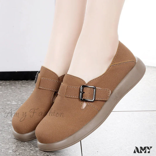 Plus Size Round Toe Buckle Casual Solid Color Vintage Versatile Shoes
