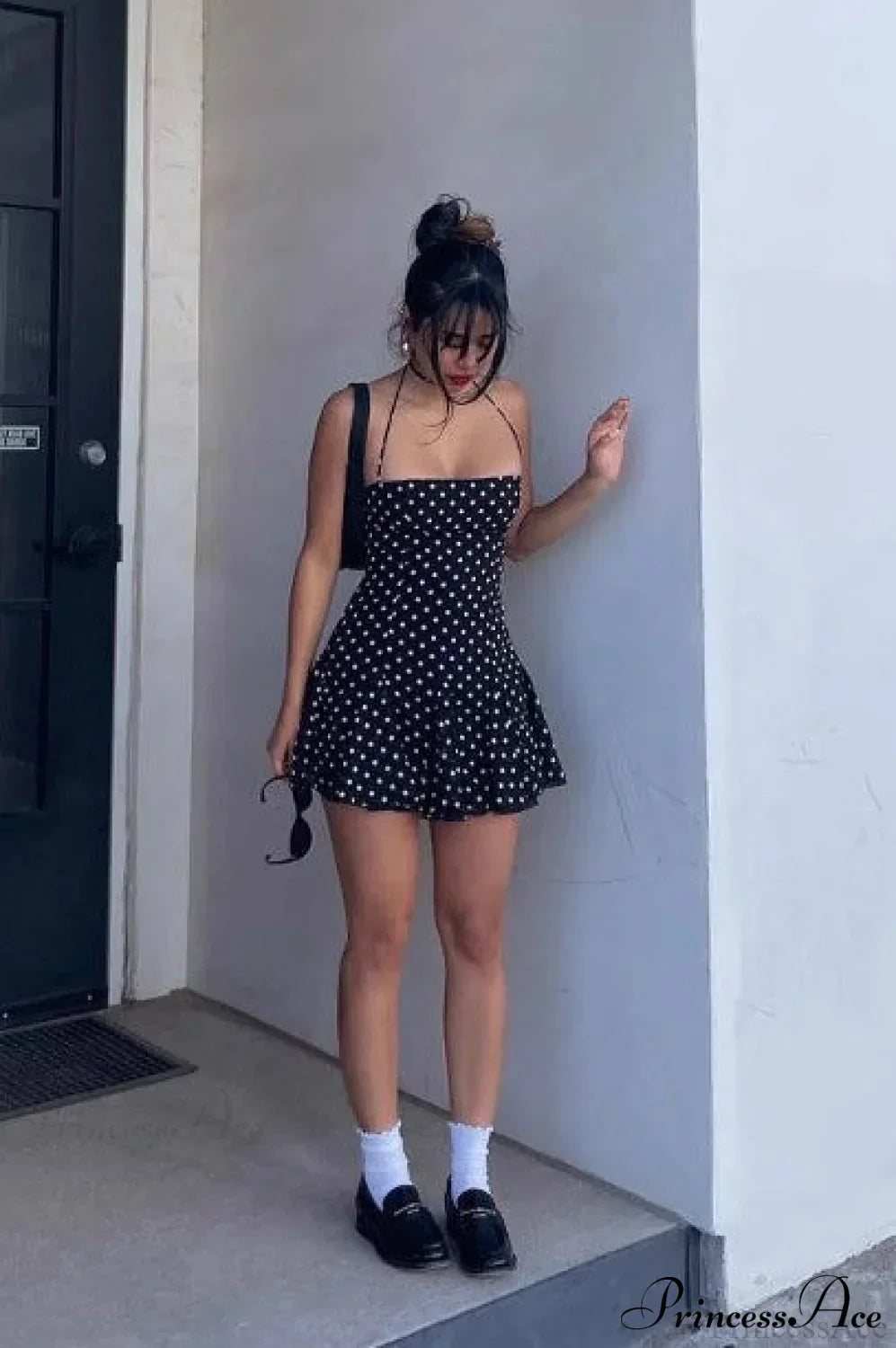 Polka Dot Halter Neck Backless Bodycon Mini Dress
