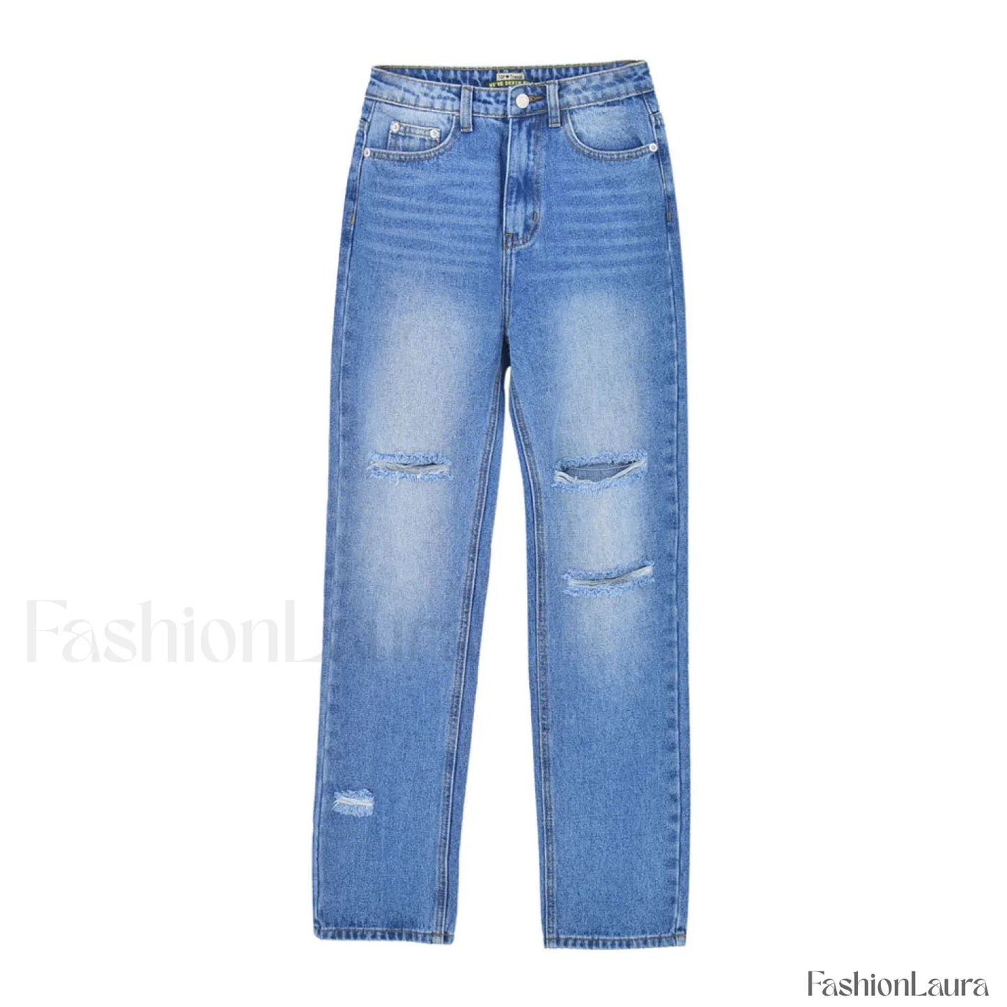 Preppy Style Cut Out High Waist Frayed Straight Leg Jeans - Blue