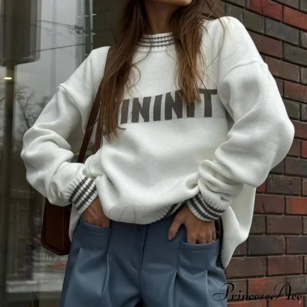 Printed Striped Cozy Stylish Loose Round Neck Comfortable Trendy Autumn Sweater
