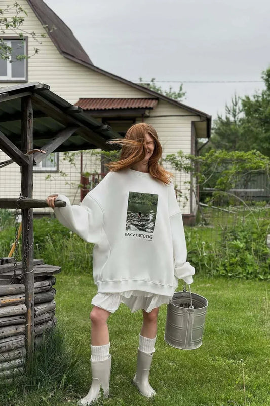 Printed White Loose Casual Crew Neck Pullover Sweatshirt