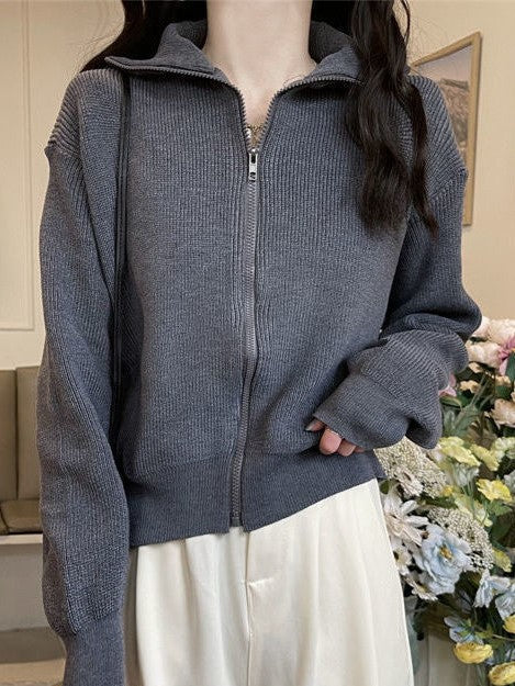 Solid Color Vintage Lapel Zip Long Sleeve Sweater