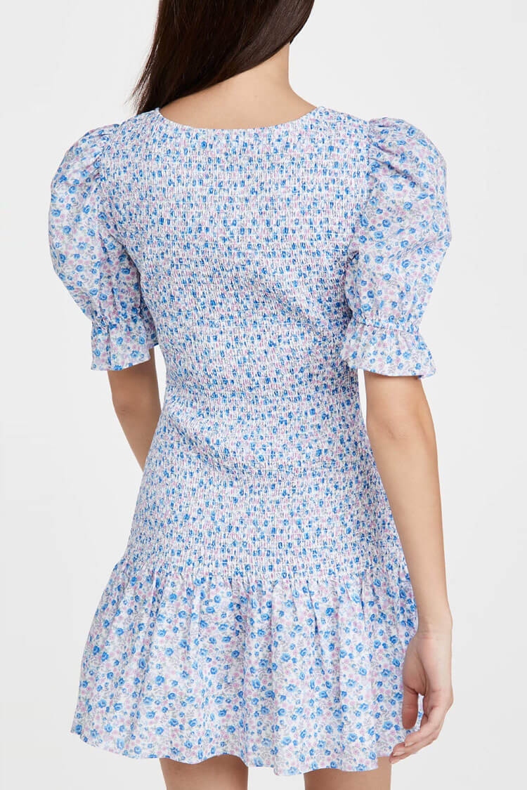 Ditsy Floral Print Scoop Neck Smocked Puff Sleeve Ruffle Hem Mini Dress