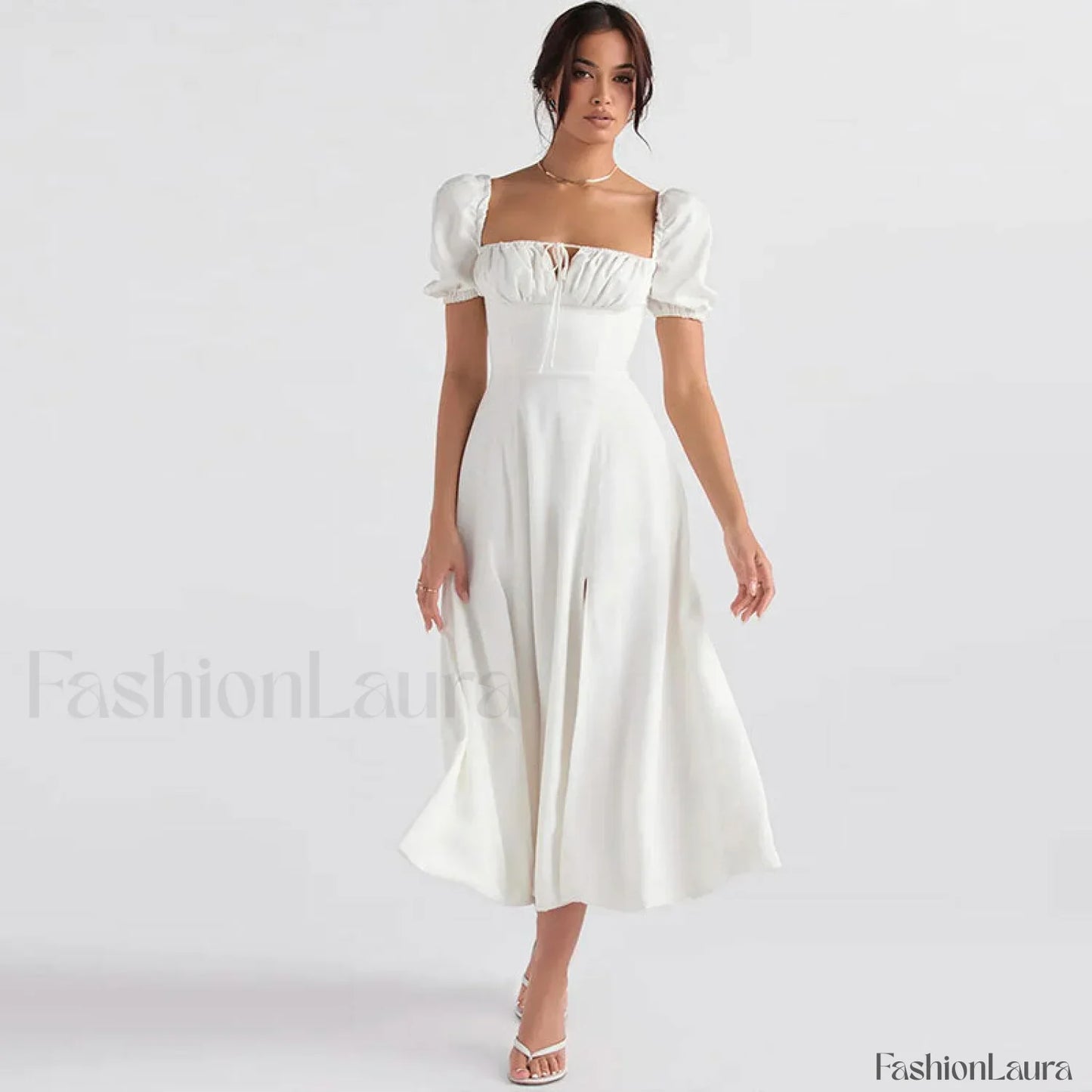 Puff Sleeve Tie Front High Split Off Shoulder Midi Sundress - White