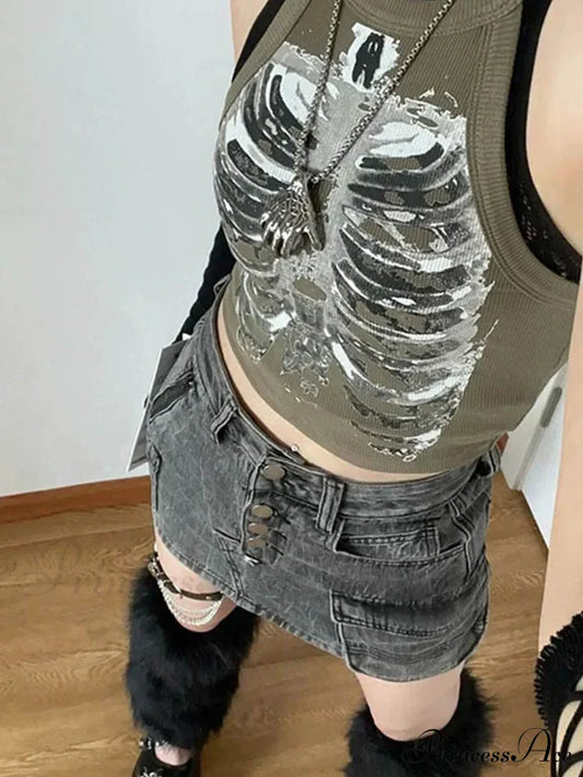Punk Aesthetic Cyber Retro X-ray Skeleton Print Sleeveless Vest ArmyGreen Crop Designer Clothes Women Summer Emo Tank top