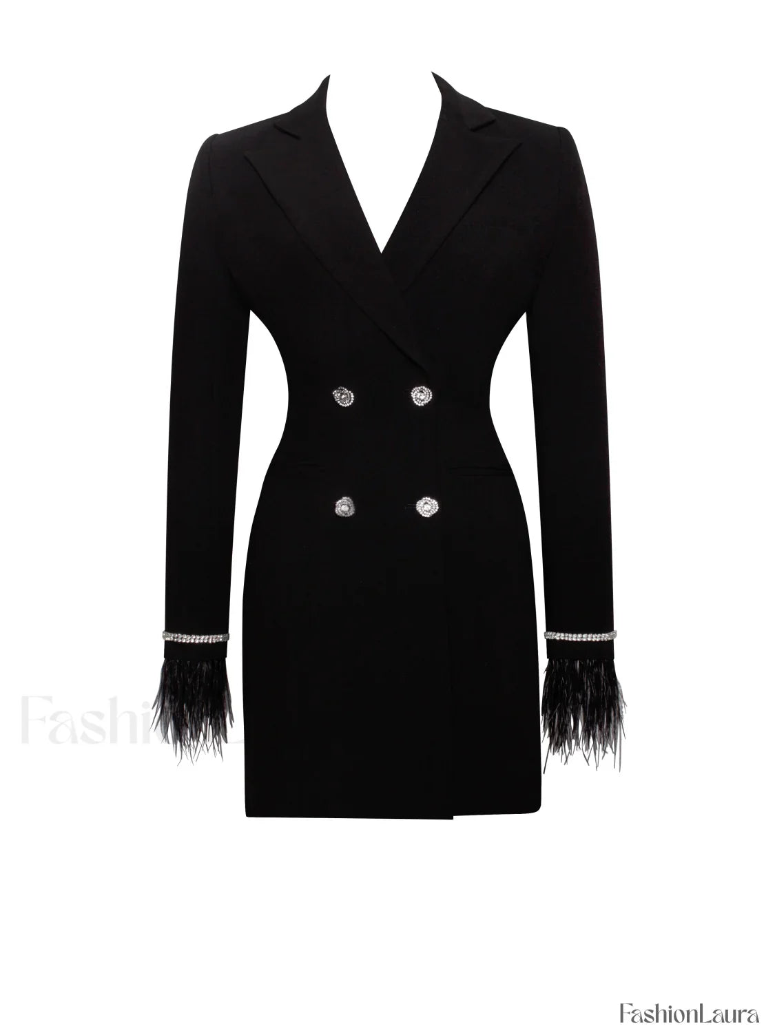 Quilla Black Feather Crystal Graceful Sleeve Backless Blazer Dress