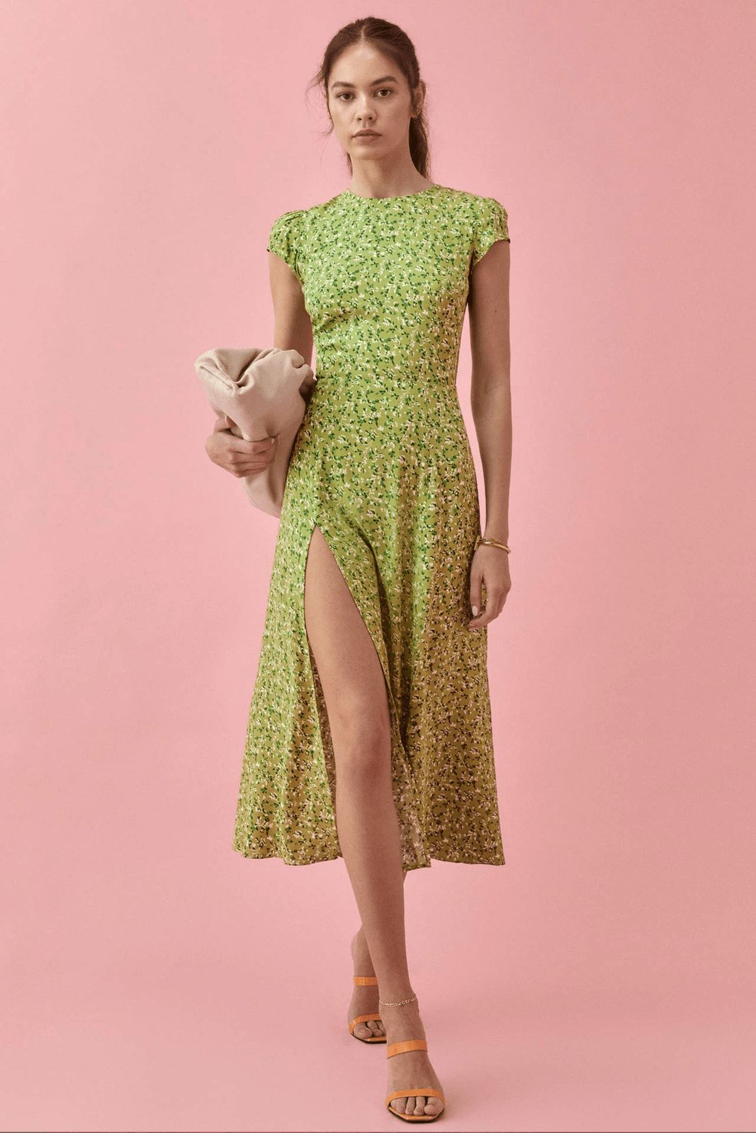Ditsy Floral Cap Sleeve Crew Neck High Slit Midi Dress