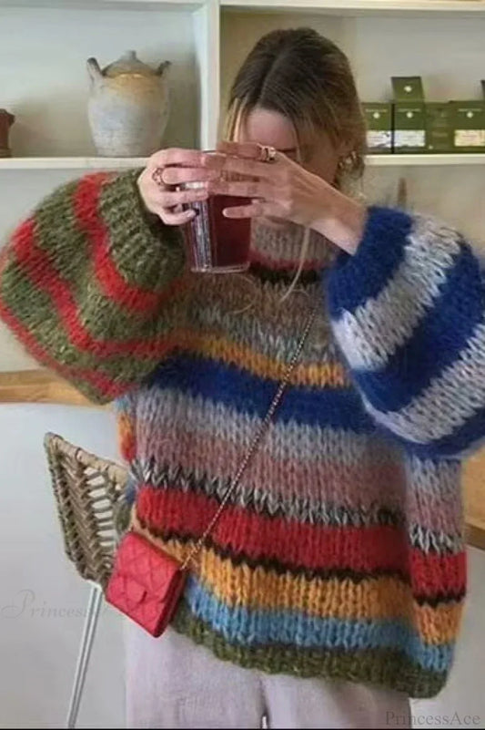 Rainbow Stripe Versatile Crewneck Long Sleeve Chic Knit Sweater