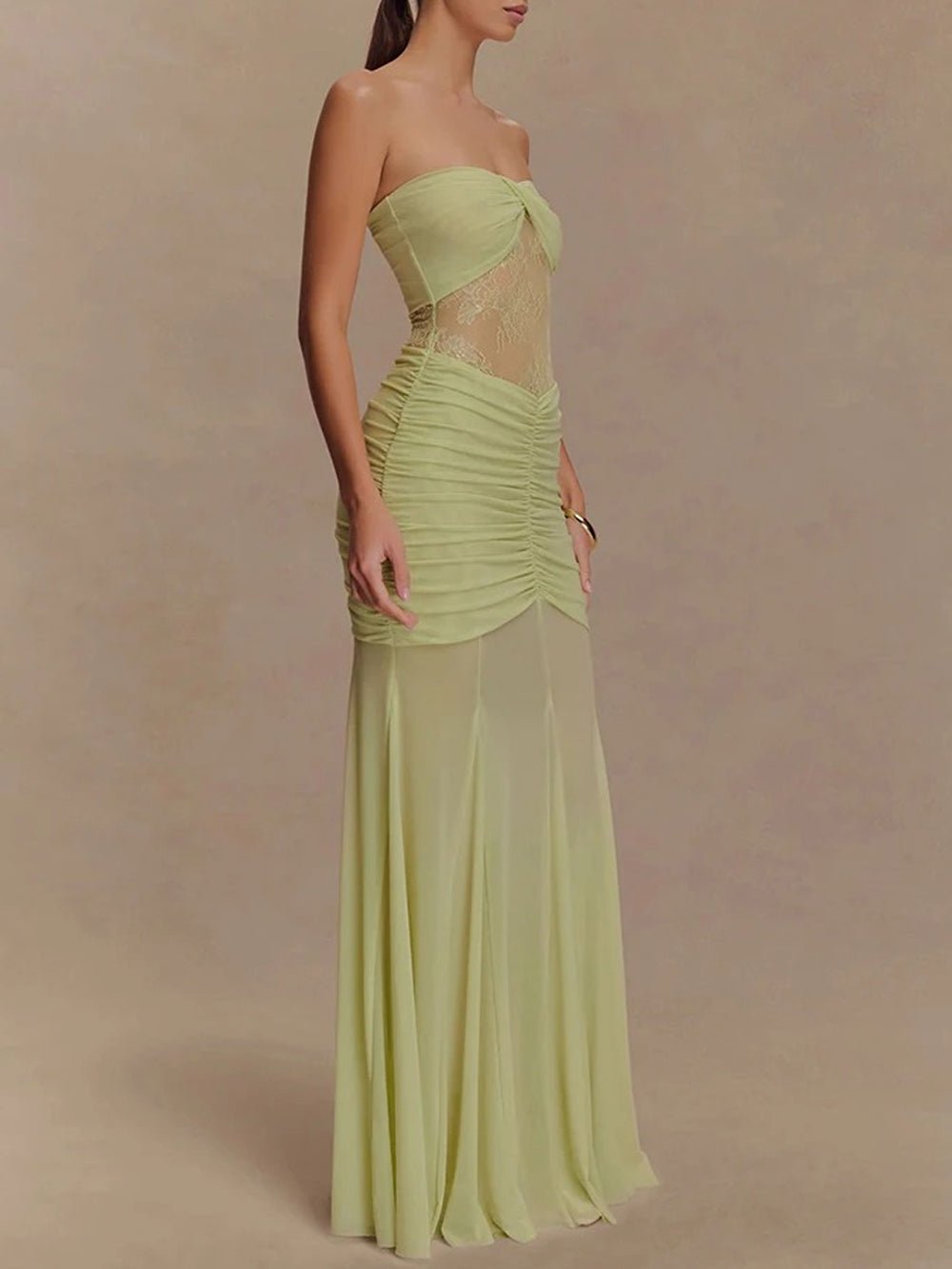 Strapless Sweetheart Twist-Front Lace Inset Ruched Column Maxi Gown
